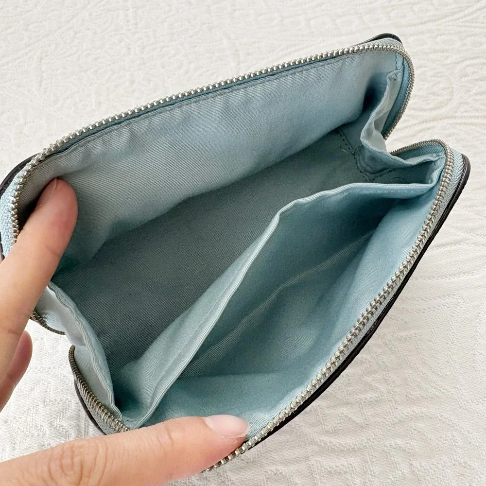 Coach Zippered Leather Makeup Pouch, Sky Blue Silver
